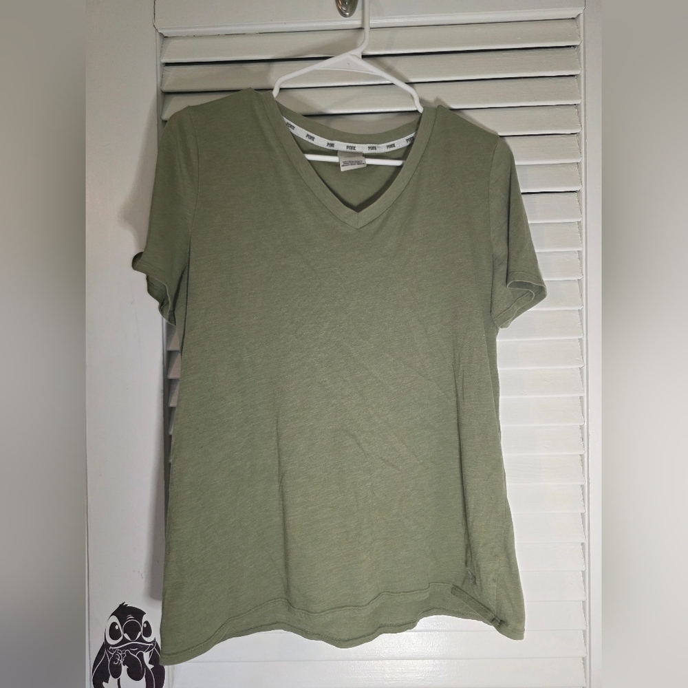 PINK Sage Green V-Neck Short Sleeve Top